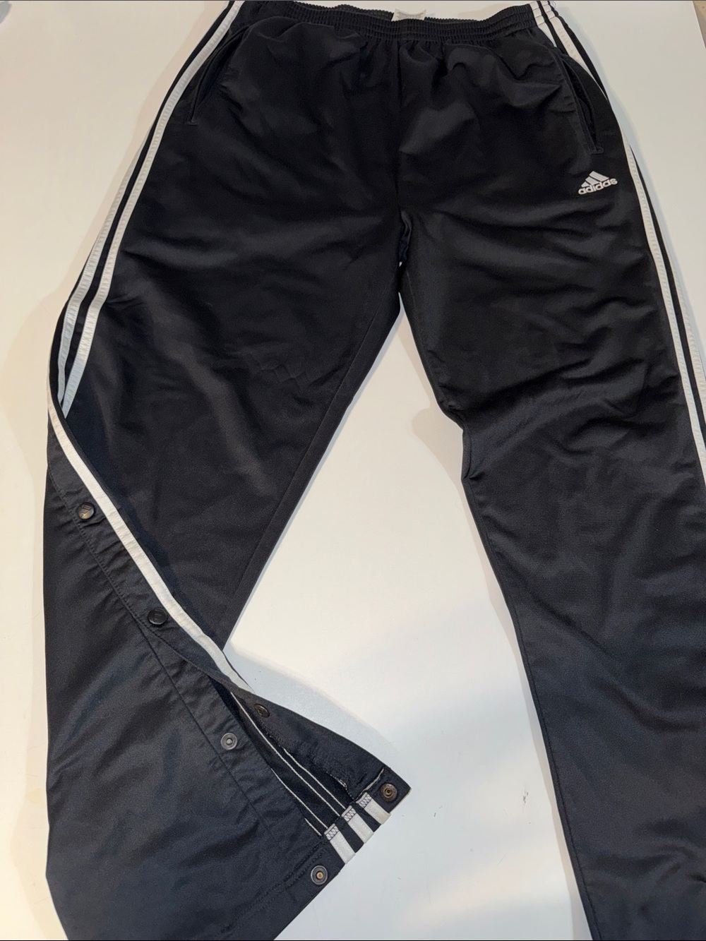 Men’s Y2K Adidas Tear Away Black Track Joggers with Classic White Stripes XL